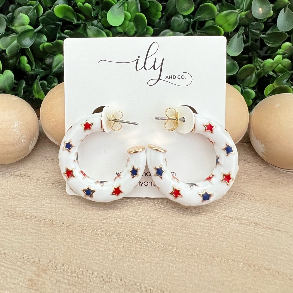 New Small White Enamel Hoop Earrings with Red and Blue Stars | Patriotic | USA